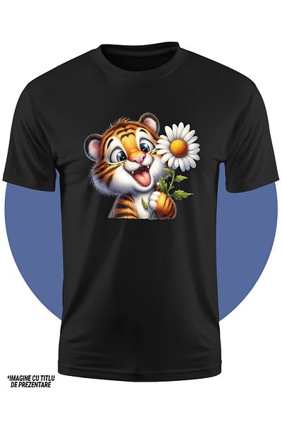 StoryGift Romania Children's T-shirt with a playful tiger cub, illustration, holding a white flower, curious, animal scarf