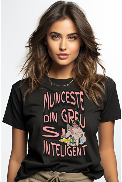 StoryGift Romania Tricou Femei Munceste Din Greu Si Inteligent Femeie In Laborator Cu Imprimeu Pe Blk_l