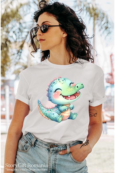 StoryGift Romania Tricou Femei Cu O Femela Dinozaur, Ilustratie, Micuta, Joaca, Se Simte Bine, Imb Wht_l