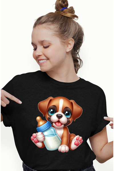 StoryGift Romania Tricou Femei Cu Un Catelus Vesel Si Jucaus Care Tine Un Bib...