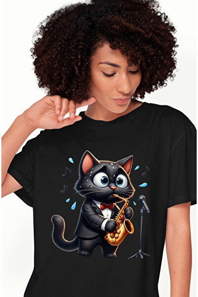 StoryGift Romania Tricou Femei Cu O Pisica Neagra Care Canta La Saxofon, Ilus...