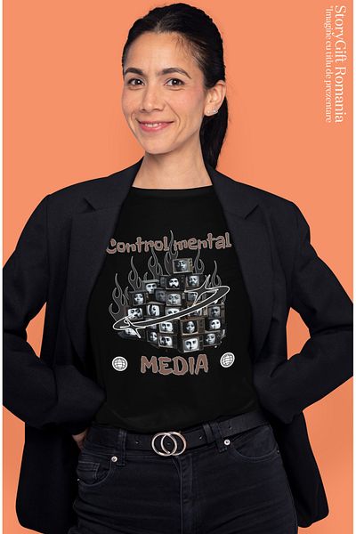 StoryGift Romania Women's T-shirt TVs vintage illusion Mind control. Media with print on Fat BLK_L,STG63993