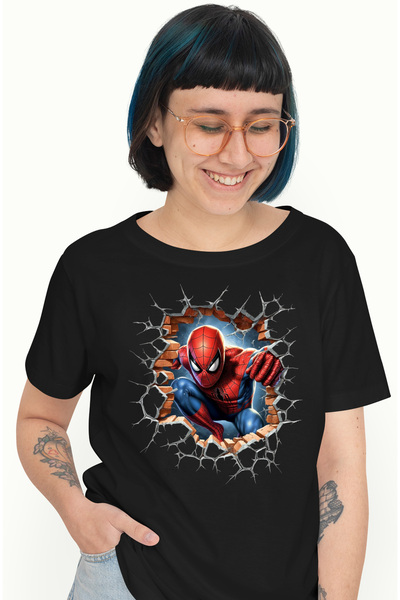 StoryGift Romania Tricou Femei Cu Supereroi, Spiderman, Marvel, Avengers, Zid, Caramida, Multicolo Blk_s
