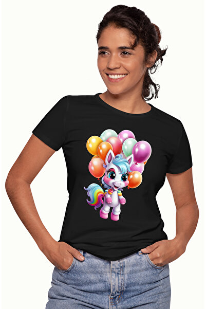 StoryGift Romania Tricou Femei Cu Un Unicorn Bucuros, Ilustratie, Multe Baloane Colorate Legate De Blk_m