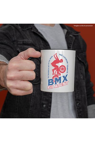 StoryGift Romania Mug Boy on bmx text scheme be careful sport, 330ml, Ceramic with Black Handle, With Handle, STG