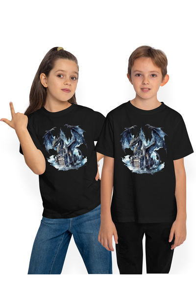 StoryGift Romania Tricou Copii Cu Un Dragon Negru, Ilustratie, Castel, Furios, Creatura Mitica, Abstract, Pi
