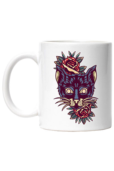 StoryGift Romania Cana Cu Cap De Pisica, Flori, Frunze, Petale, Retro, Multic...