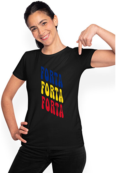 StoryGift Romania Tricou Femei Cuvantul Forta, In Culorile Steagului Romaniei, Rosu, Galben, Albas Blk_m