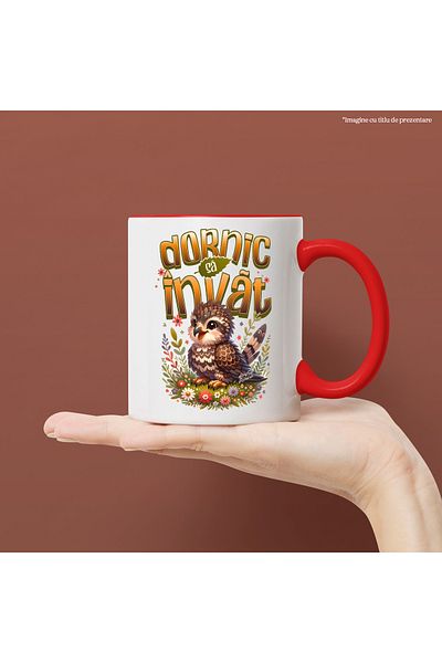 StoryGift Romania Mug Eager to Learn Owl Animal Educational Fun, 330ml, Ceramic with Red Handle, With ,STG