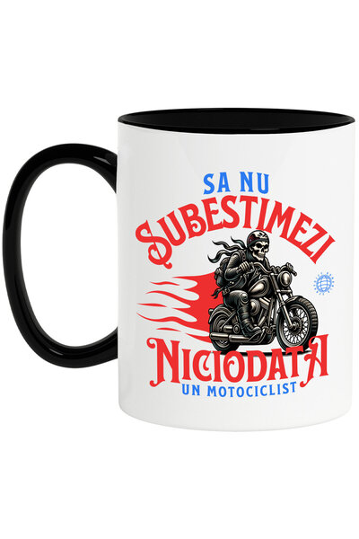 StoryGift Romania Cana Cu Schelete Horror Pe Motocicleta Vintige Clasica Pasiune Iubire Mesaj Sa N, Cu Maner Negru Stg