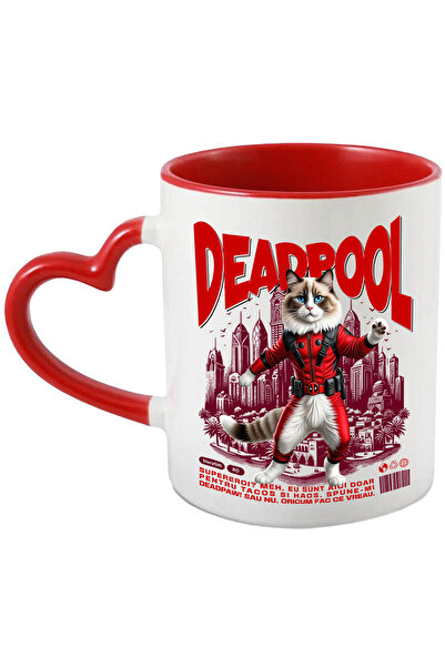 StoryGift Romania Cana Cu Ragdoll Pisica In Costum De Deadpool Cu Pelerina, Erou Nocturn, Desene A, Cu Maner Inim Stg