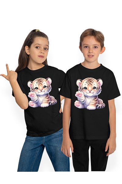 StoryGift Romania Children's T-shirt with a cheerful tiger cub, illustration, playful, raises paw, makes hand gesture, co,STG4
