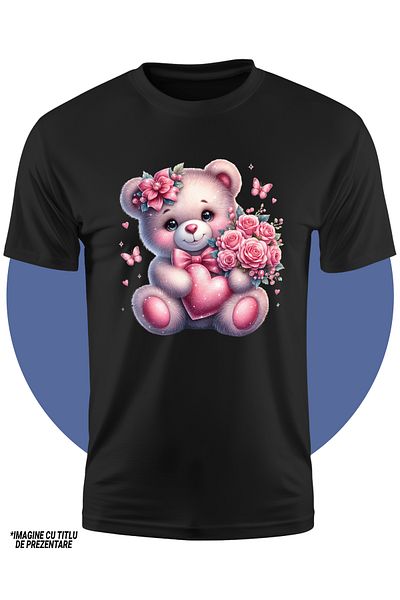 StoryGift Romania Tricou Copii Cu Un Ursulet Vesel, Ilustratie, Tine O Inima In Brate, Buchet Cu Trandafiri,