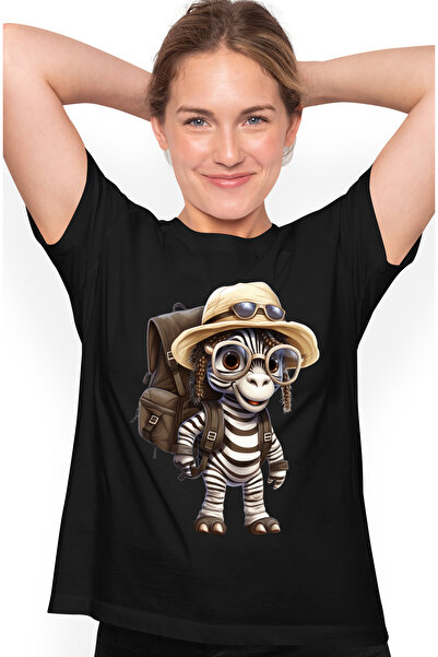 StoryGift Romania Tricou Femei Cu O Zebra Exploratoare, Ilustratie, Expeditie, Echipata, Palarie, Blk_l