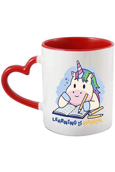 StoryGift Romania Cana Cu Mesaj In Engleza Learning Is Magical, Unicorn, Caiet, Creion, Multicolor, Cu Maner Inim Stg