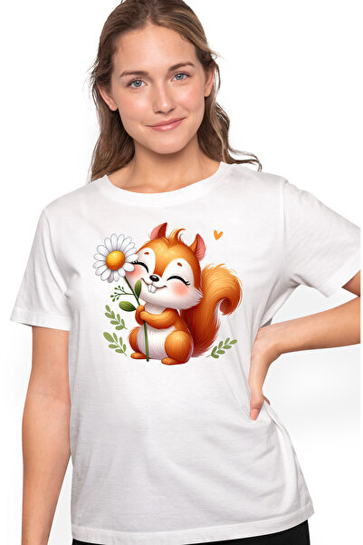 StoryGift Romania Tricou Femei Cu O Veverita Fericita Care Tine O Floare Alba...