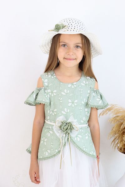 FESSHERA 🎀   Girls' Special Occasion Dress Hat and Belt Set - Floral Print, Tulle, and Hat Design 🎀