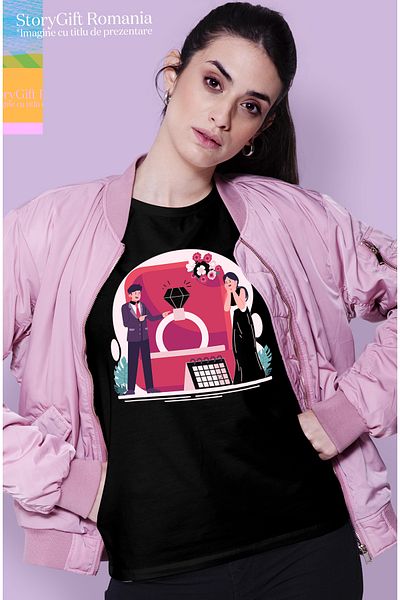 StoryGift Romania Tricou Femei Cu Inel, Diamant, Calendar, Nunta, Data, Caasatorie, Multicolor cu BLK_L