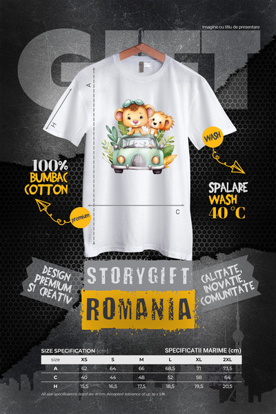 StoryGift Romania Tricou Femei Cu 2 Pui De Leu Care Se Plimba Cu O Masina, Ilustratie, Jungla, Nat Wht_m