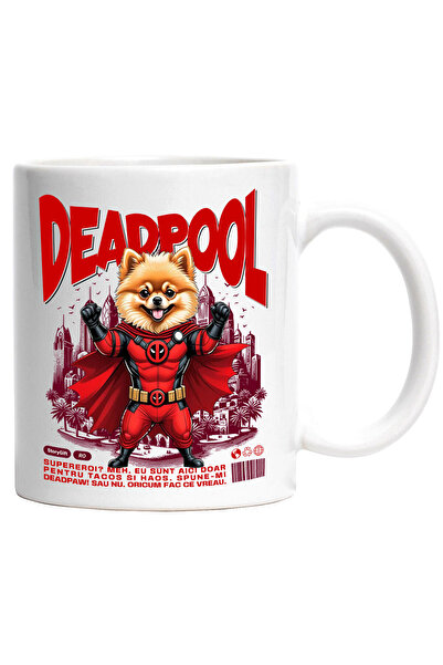 StoryGift Romania Cana Cu Pomeranian Caine In Costum De Deadpool Cu Pelerina, Erou Nocturn, Desene, Cu Maner Alb Stg