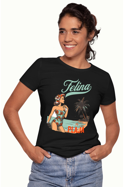 StoryGift Romania Tricou Femei Fata Retro Text Felina Pe Plaja Vacanta Cu Imp...