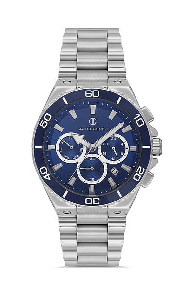 DAVID GUNER Men's Navy Blue Multifunction Silver Coated Wristwatch