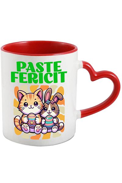 StoryGift Romania Cana Cu Pisica Portocalie Si Iepure Cu Oua Colorate Pascal Text Paste Fericit, C, Cu Maner Inim Stg