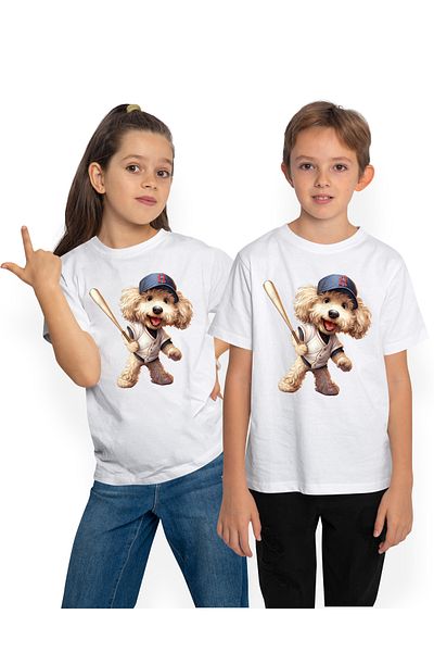 StoryGift Romania Tricou Copii Cu Un Catel Blanos Care Joaca Baseball, Ilustratie, Meci Greu, Competitie, Ba