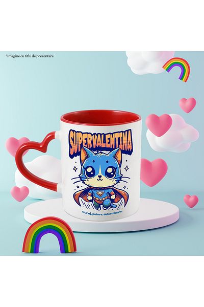 StoryGift Romania Super Valentina Mug, Superhero, Flying Cat, 330ml, Ceramic with Heart Handle, With,STG