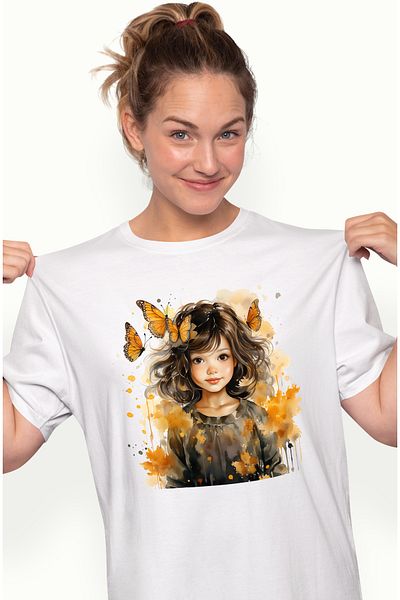 StoryGift Romania Women's T-shirt with a cute little girl, illustration, black hair, orange butterflies, WHT_L