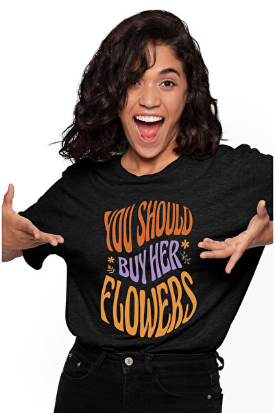 StoryGift Romania Tricou Femei Cu Mesaj Romantic You Should Buy Her Flowers, Multicolor, Flori, Va BLK_L