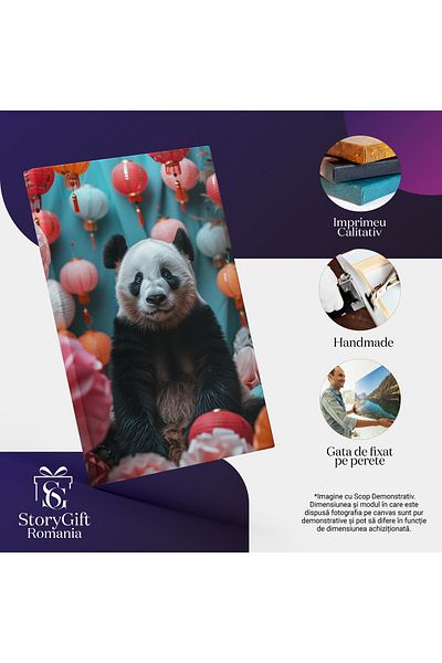 StoryGift Romania Tablou Canvas Ursul Panda Animalul Ocrotit În Asia Între Felinare Chinezești Colorate , Pictura