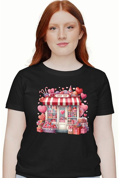 StoryGift Romania Women's T-shirt with a candy store, illustration, ri, goodies, hearts, Val BLK_L