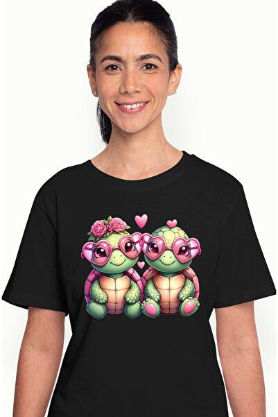 StoryGift Romania Tricou Femei cu 2 broscute cu ochelari in forma de inimioare, flori, vesele, buc BLK_M