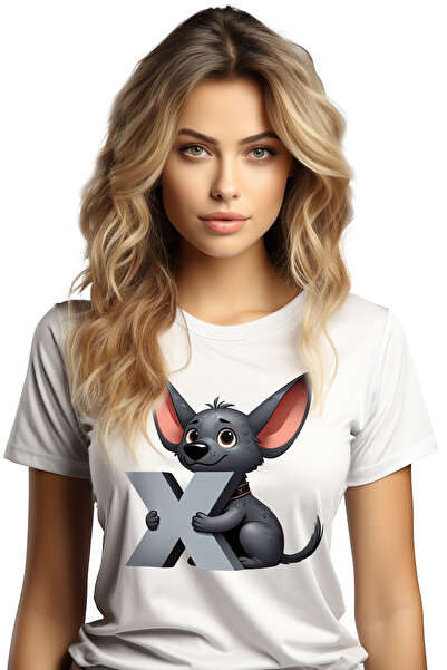 StoryGift Romania Tricou Femei cu un catel cu litera "X", ilustratie, pentru copii, scoala, elev, WHT_L