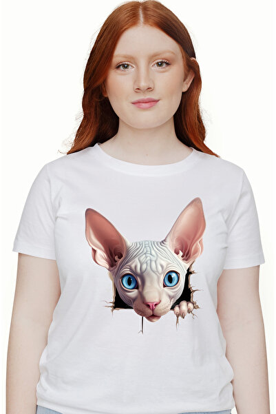 StoryGift Romania Tricou Femei cu o pisica Sfinx care scoate capul printr-o g...