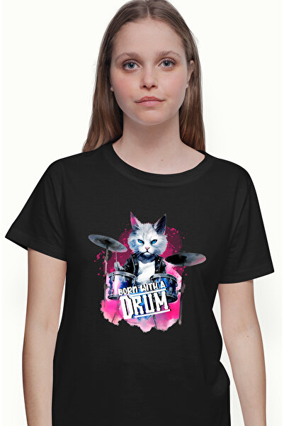 StoryGift Romania Tricou Femei cu pisica baterista cu mesajul "Born with a drum", bate la tobe, na BLK_L