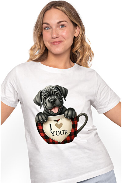 StoryGift Romania Tricou Femei cu un catel intr-o ceasca, ilustratie, iubire, afectiune, animal, j WHT_L