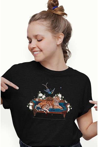 StoryGift Romania Women's T-Shirt Tiger, Women's T-Shirt Pea, Bird, Flower, Triangle, Abstract Art, C BLK_L