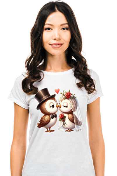 StoryGift Romania Tricou Femei cu 2 bufnite la nunta, ilustratie, casatorie, ...