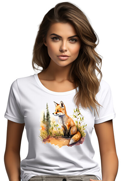 StoryGift Romania Tricou Femei cu un vulpoi curios, ilustratie, copaci, iarba, natura, padure, ani WHT_L