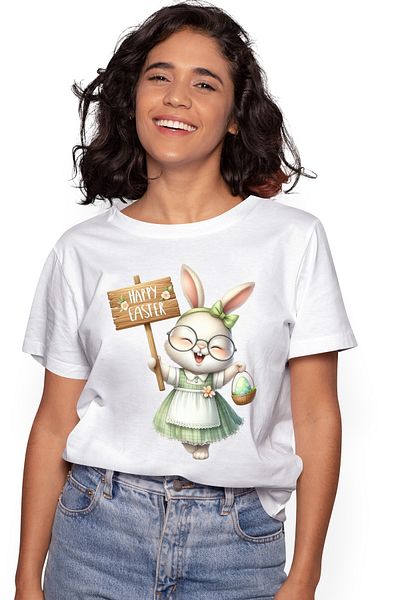 StoryGift Romania Tricou Femei cu o iepuroaica in rochita, ilustratie, Paste fericit, mesajul "Hap WHT_L