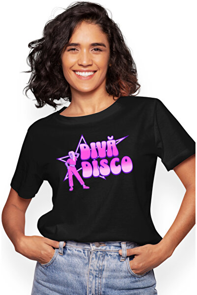 StoryGift Romania Tricou Femei Disco Diva femeie gata de petrecere distractie cu imprimeu pe Fata, BLK_L