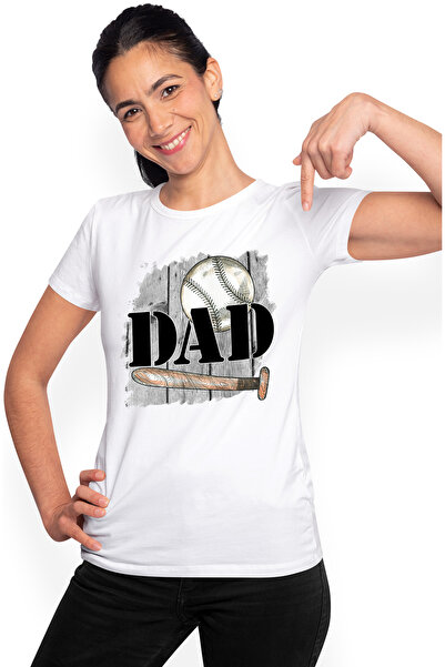 StoryGift Romania Tricou Femei cu bata de baseball si minge cu mesajul "Dad", tata, ilustratie, sp WHT_L