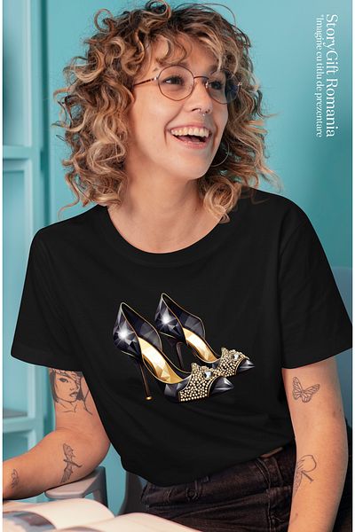 StoryGift Romania Tricou Femei cu niste pantofi cu toc, scumpi, ilustratie, pietre pretioase, arta BLK_M