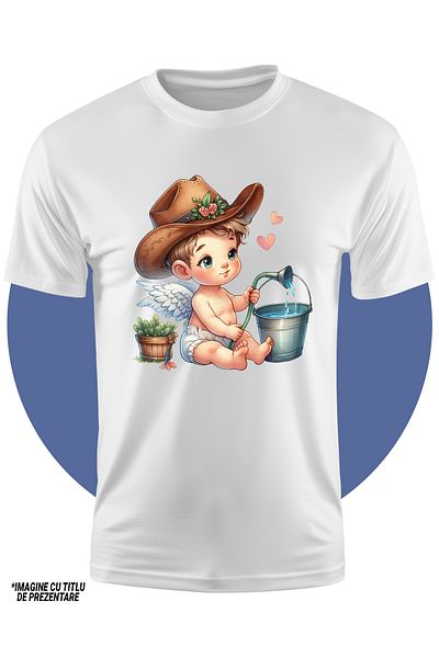 StoryGift Romania Kids T-shirt with a baby filling a bucket with a hose, illustration, plants, hat