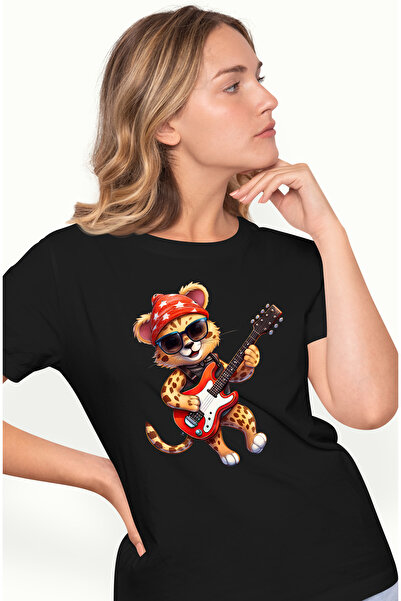 StoryGift Romania Tricou Femei cu un jaguar care canta la chitara, ilustratie, talent, ochelari, c BLK_L