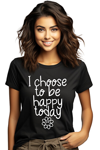 StoryGift Romania Tricou Femei cu floricica si mesajul "I choose to be happy today" - aleg sa fiu BLK_L