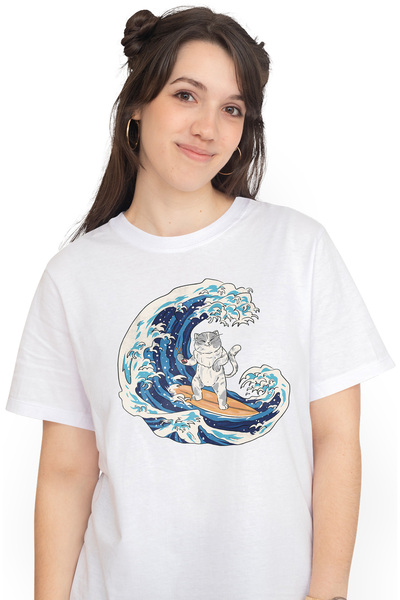 StoryGift Romania Tricou Femei Personalizata Pisica, Sushi, Surf, Val, Mare, Soare cu imprimeu pe WHT_L