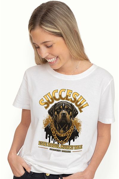 StoryGift Romania Tricou Femei Caine gangster cu lant de aur, succes cu imprimeu pe Fata, 100% Bum WHT_L